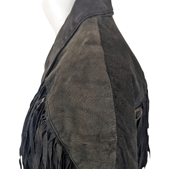 Vintage 80s Fringe Leather Jacket Western Womens Black Distressed - Picture 6 of 14